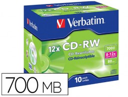 10 CD-RW Verbatim 700MB 12x 80 minutos